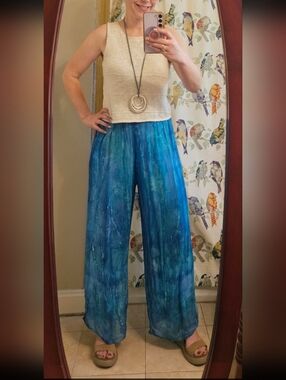 Hand-Dyed Silk Wide Leg Pants | Blue Tie-Dye | Boho Resort | Elastic Waist M–L